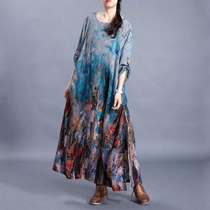 Senior Women Side Drawstring Shift Dress Baggy Blue Caftan