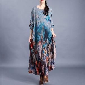 Senior Women Side Drawstring Shift Dress Baggy Blue Caftan