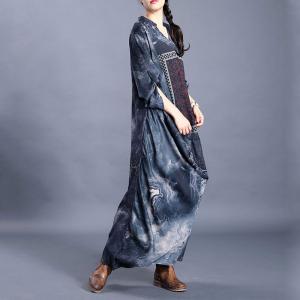 V-Neck Maxi Modest Dress Dark GraySilk  Ethnic Dress for Senior Women