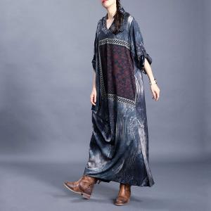 V-Neck Maxi Modest Dress Dark GraySilk  Ethnic Dress for Senior Women