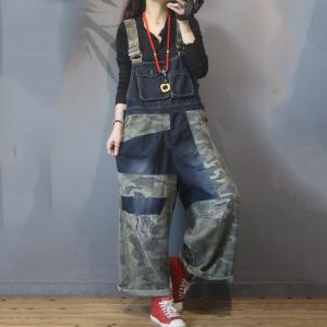 Flap Pockets Wide Leg Camo Overalls Plus Size Denim Dungarees