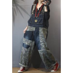 Flap Pockets Wide Leg Camo Overalls Plus Size Denim Dungarees