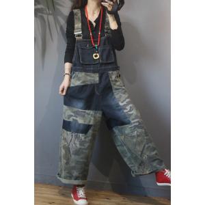 Flap Pockets Wide Leg Camo Overalls Plus Size Denim Dungarees