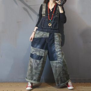 Flap Pockets Wide Leg Camo Overalls Plus Size Denim Dungarees