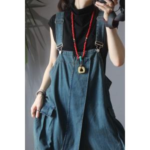 Trendy Backless Jean Overalls Big Flap Pockets Baggy One Piece