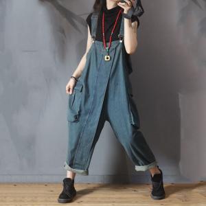 Trendy Backless Jean Overalls Big Flap Pockets Baggy One Piece