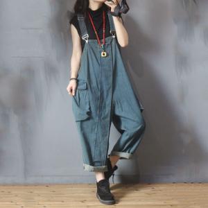 Trendy Backless Jean Overalls Big Flap Pockets Baggy One Piece