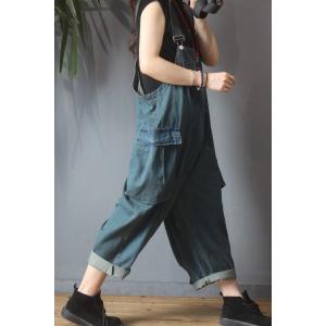 Trendy Backless Jean Overalls Big Flap Pockets Baggy One Piece