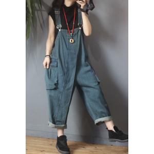 Trendy Backless Jean Overalls Big Flap Pockets Baggy One Piece