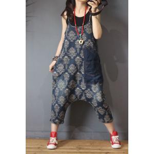 Plus Size Vintage Flowers Spaghetti Overalls Baggy Harem Pants