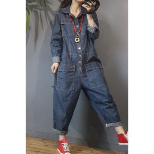 Pocket Decorations Denim Coveralls Womens Large Jumpsuits