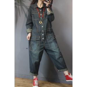 Pocket Decorations Denim Coveralls Womens Large Jumpsuits