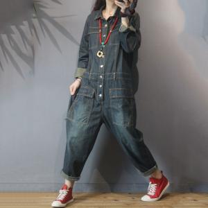 Pocket Decorations Denim Coveralls Womens Large Jumpsuits