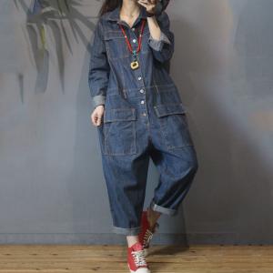 Pocket Decorations Denim Coveralls Womens Large Jumpsuits