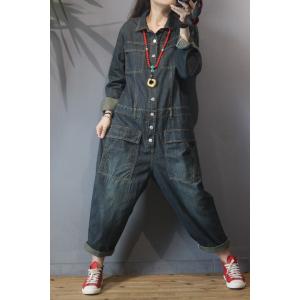 Pocket Decorations Denim Coveralls Womens Large Jumpsuits