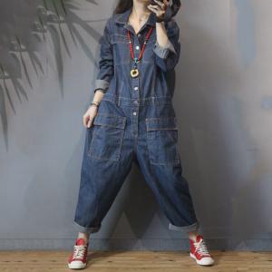 Pocket Decorations Denim Coveralls Womens Large Jumpsuits