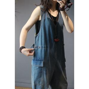 V-Neck Lace Patchwork Jumpsuits  Denim Sleeveless Overalls