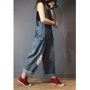 V-Neck Lace Patchwork Jumpsuits  Denim Sleeveless Overalls