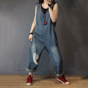 V-Neck Lace Patchwork Jumpsuits  Denim Sleeveless Overalls