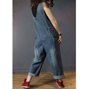 V-Neck Lace Patchwork Jumpsuits  Denim Sleeveless Overalls