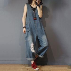 V-Neck Lace Patchwork Jumpsuits  Denim Sleeveless Overalls