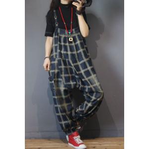 Square Neck Loose Checkered Bib Overalls for Women