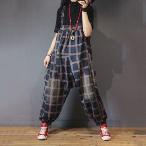 Square Neck Loose Checkered Bib Overalls for Women