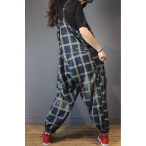 Square Neck Loose Checkered Bib Overalls for Women