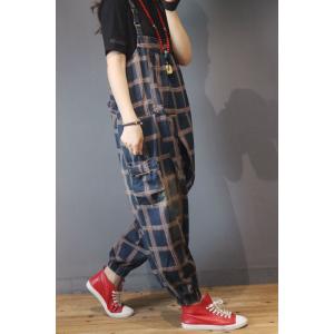 Square Neck Loose Checkered Bib Overalls for Women