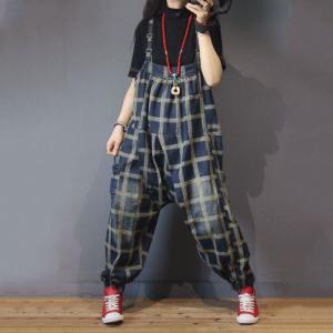 Square Neck Loose Checkered Bib Overalls for Women