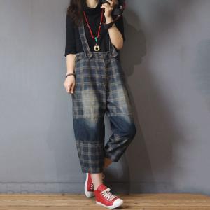 British Vintage Plaid Overalls Baggy Suspender Pants for Women