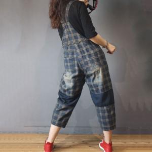 British Vintage Plaid Overalls Baggy Suspender Pants for Women