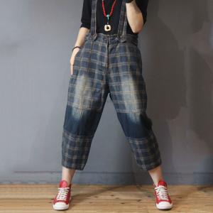 British Vintage Plaid Overalls Baggy Suspender Pants for Women