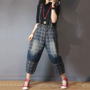 British Vintage Plaid Overalls Baggy Suspender Pants for Women