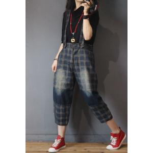 British Vintage Plaid Overalls Baggy Suspender Pants for Women