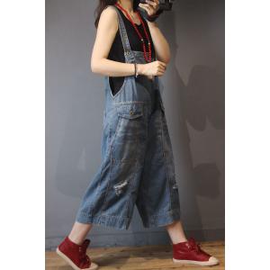 Flap Pockets Wide Leg Dungarees Distressed Jean Overalls