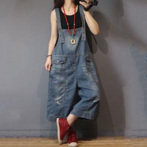 Flap Pockets Wide Leg Dungarees Distressed Jean Overalls