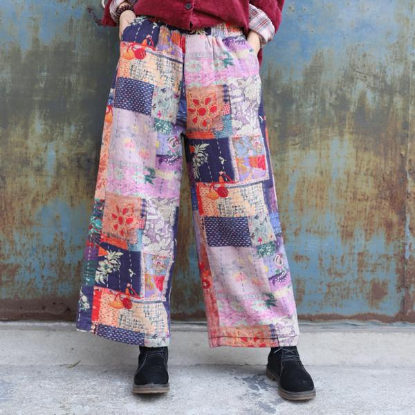 Patchwork Cotton Linen Folk Pants Loose Quilted Wide Leg Trousers