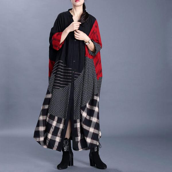 Black and Red Plaids Islamic Dress Plus Size Cotton Linen Caftan