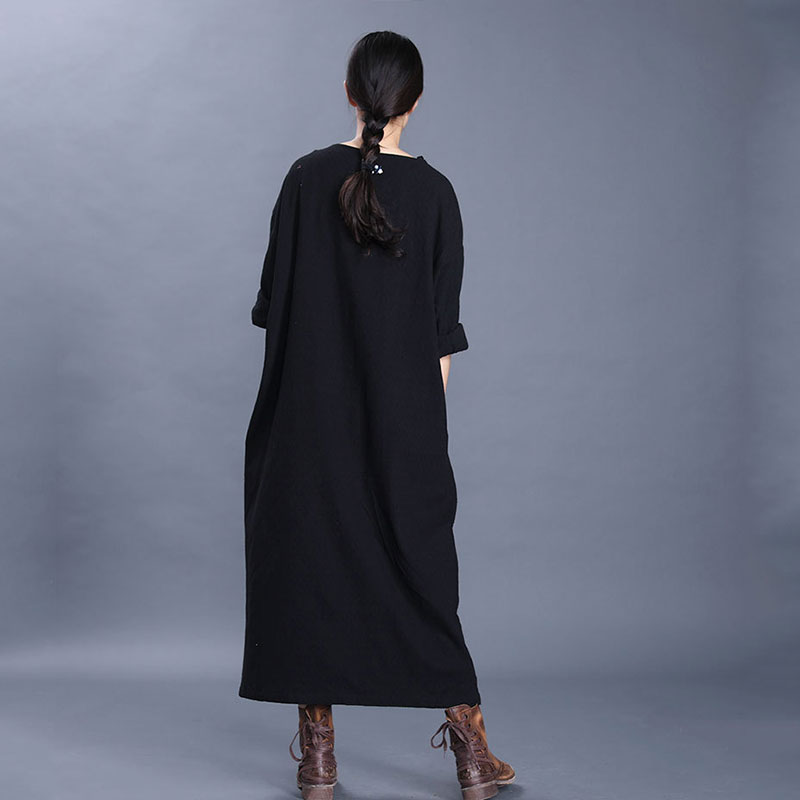 Loose-Fit Cotton Linen Shift Dress Long Sleeve Modest Apparel in Black ...