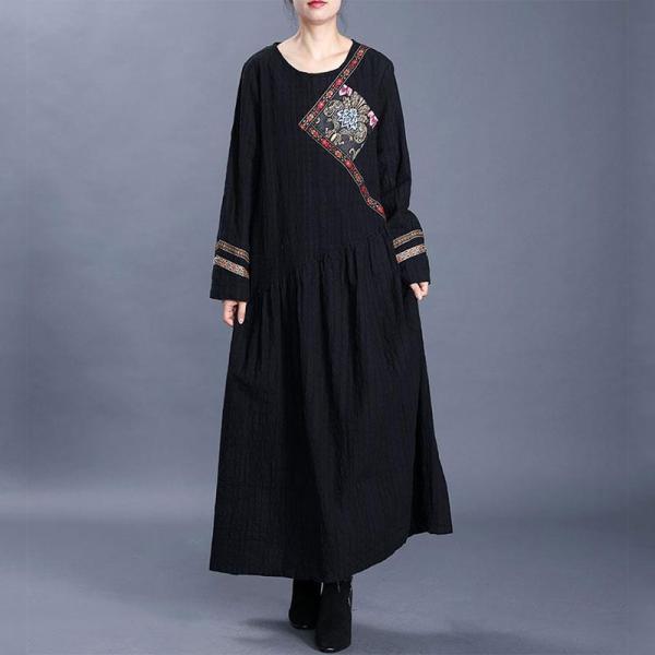 Chinese Embroidery Folk Dress Cotton Linen Black Modest Dress
