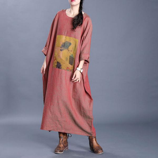 Bat Sleeve Large Printed Dress Flax Comfy Jellabiya Dress