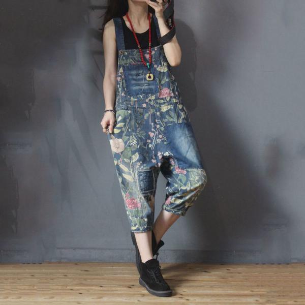 Cloth Patchwork Floral Overalls Baggy Jean Dungarees in Blue One