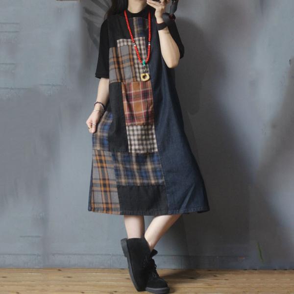 Checkered Patchwork Vest Dress Side Slits Denim Summer Dress