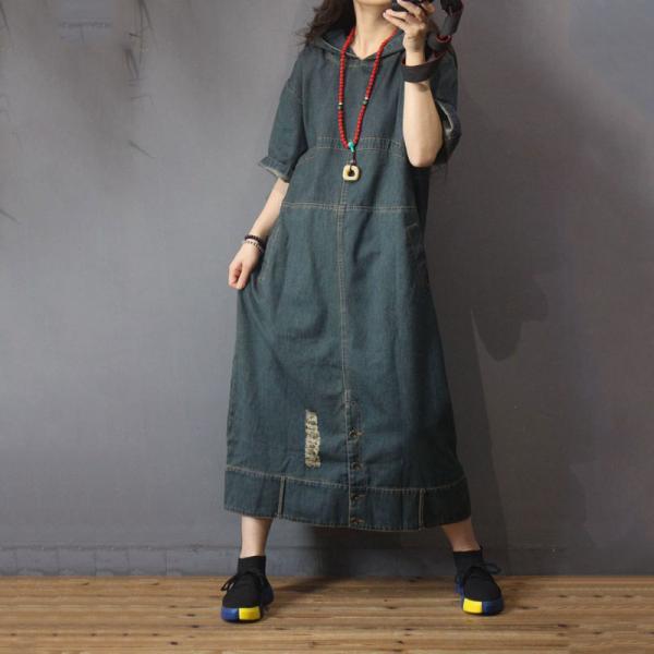 Baggy-Fitting Ripped Denim Dress Korean Hooded Dress