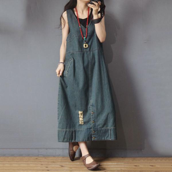 V-Neck Large Sleeveless Dress Summer Denim Maxi Dress