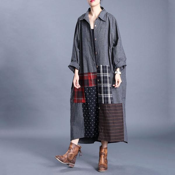 Plaid Patchwork Cotton Linen Shirt Dress Plus Size Abaya Dress