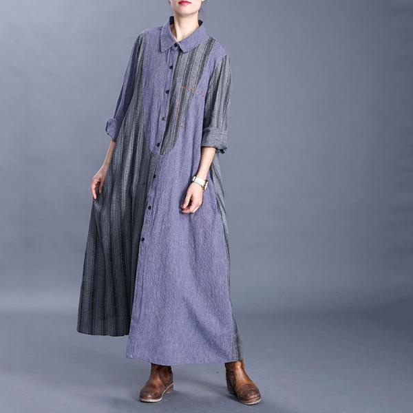 Vertical Striped Korean Shirt Dress Cotton Linen Embroidered Dress