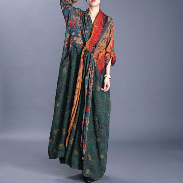 Vintage Floral  Maxi Kimono Dress Large Front Knot Dress