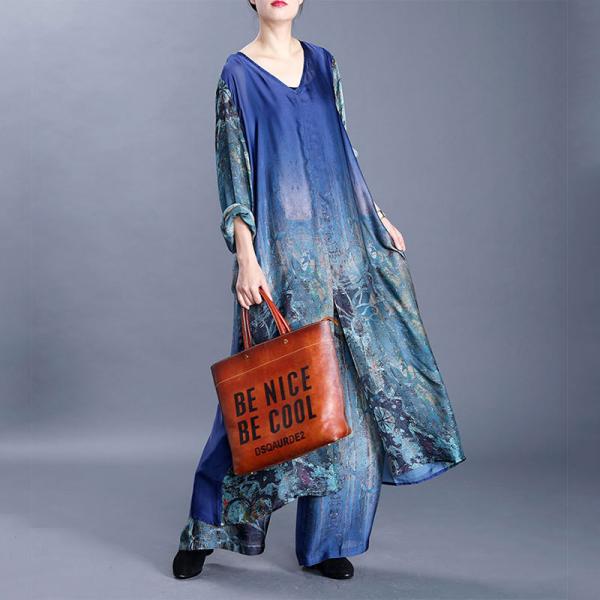 Retro Printed Knee Length Dress with Silk Slouchy Pants